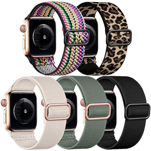 Image of Easuny 5 Pack Stretchy Bands Compatible with Apple Watch 40mm 41mm 42mm 38mm 44mm 45mm 46mm Women, Elastic Fabric Nylon Strap Wristband for iWatch SE 3 2 1 Series 11 10 9 8 7 6 5 4 3 Boho Solo Loop