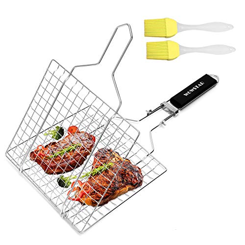WOWSTAR Portable 304 Stainless Steel BBQ Grilling Basket for Fish,Vegetables,Steak,Shrimp,Chops and Many Other Food.