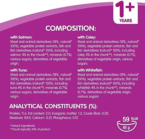 Whiskas 1+ Pure Delight wet cat food pouches, delicious and tasty fish selection in jelly, 40 x 85g