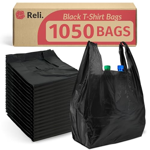 Reli. T-shirt Plastic Bags | 1 050 Pack | Black Plastic Bags with Handles (Plain) | Ideal for Grocery Shopping Food Take Out/To Go Small Business