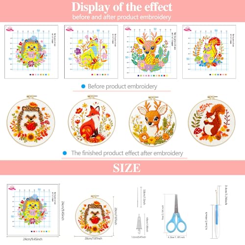 Image of Zhenqing Autumn Animals Cross Stitch Kit - 4-Piece Set with Pre-Printed 11CT 24x24cm Fabric, Hoop & Tools, Fall Theme Animal Designs for Beginners (70412)