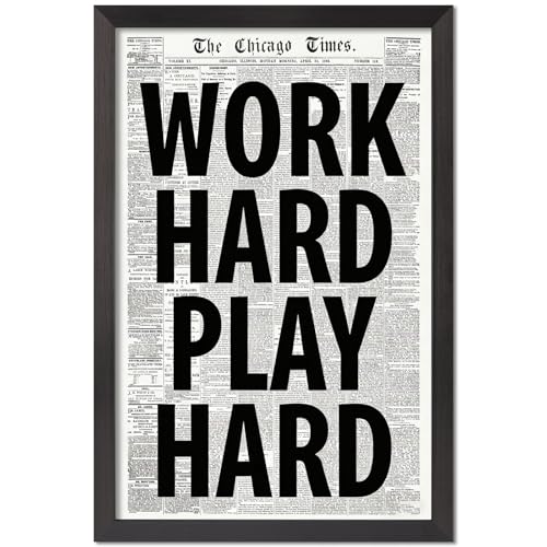 WORK HARD PLAY HARD Bold Typography Art Print Vintage Newspaper