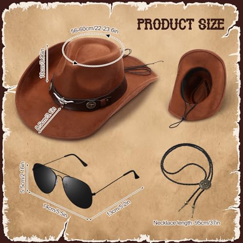 Image of Mepase 18 Pcs Cowboy Hat with Bolo Tie Sunglasses Rodeo Western Costume Accessories for Men Women Cosplay Halloween Party