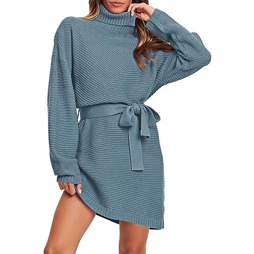 Pink Queen Women's 2024 Fall Sweater Dresses Turtleneck Batwing Long Sleeve Ribbed Knit Mini Short Dress with Belt Small Navy Blue