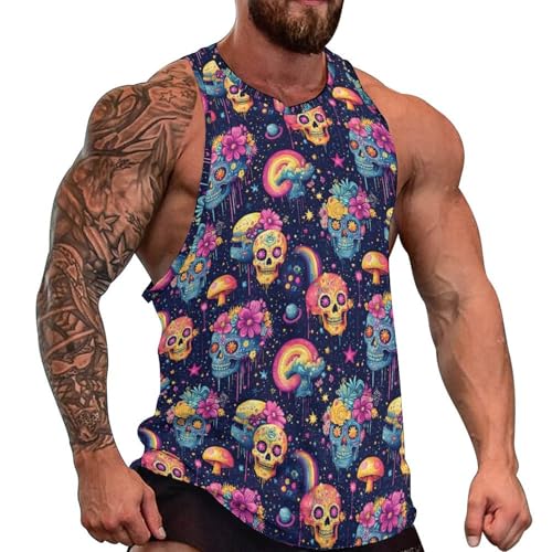Vosery Camiseta sin mangas para hombre, diseño de calaveras coloridas, estampado tropical, ajustado, para entrenamiento, gimnasio, correr, sin mangas, Style-27, Large