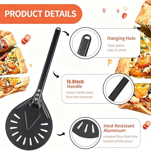 Taicols Pizzaschieber, Pizzaschaufel Perforiert, Aluminium Pizza-Drehschäler mit 40 cm Abnehmbarem langem Griff, Turning Peel Pizza, 8 Zoll Runder Kopf Pizza Schaufel für den Grill & Backofen