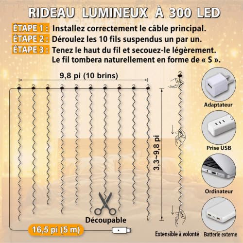 HXWEIYE 300LED Guirlande Lumineuse Rideau – vue 5