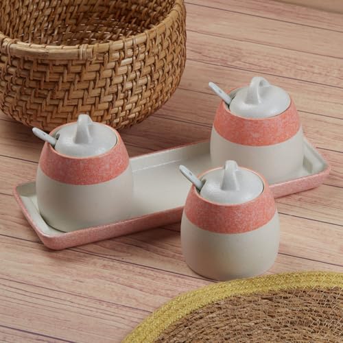 Image of Kookee Ceramic Condiment Jars and Containers Set of 3 with Tray and Spoon for Kitchen Food Storage, Used for Spices, Sauce Servers, Pickle, Vinegar, Sugar (280ml each) (10682)