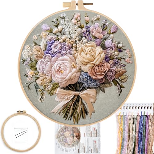 Image of FONNUY Bouquet Flowers Embroidery Kit for Beginners, Pre-Stamped Pattern Kits for Adults with Hoop, Easy to Follow Color Thread Needlework, 8'' Hoop (Timeless Elegance)