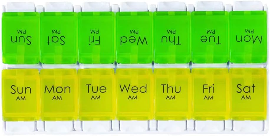 Daily Vitamin Box AM PM Pill Case Organizer Weekly Pop Up 7 Day Medicine Box Container Two Color Medication Dispenser for Twice a Day Fish Oil Supplements,Gift for Parents (6.Green/Yellow)