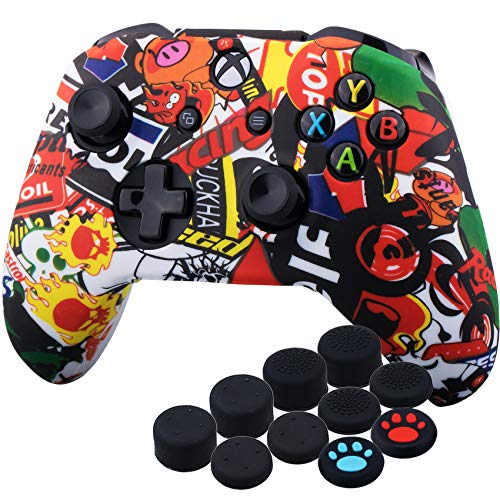 YoRHa Impresión Caucho de Silicona Funda Skin Case Carcasas Piel para Xbox One S/X Mando Controller x 1 (Graffiti de Cráneo II) con Agarres para el Pulgar Thumb Grip x 10