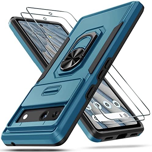 CASEJEEN for Google Pixel 7a Case 5G with 2 Tempered Glass Screen Protector,Built in Slide Camera Lens Cover+Finger Ring Stable Kickstand,Heavy Duty Shockproof Protective Phone Cover,2023 Blue