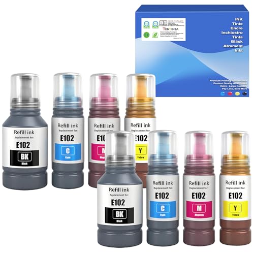 E102 Garrafas de tinta compatíveis multipack para ET-2700 2750 2751 2756 ET-2850 2851 2856 ET-3700 3750 3850 ET-4750 ET-4850 4856 Impressoras ET-15000 (8 pacotes, 2 preto, 2 ciano, 2 magenta, 2