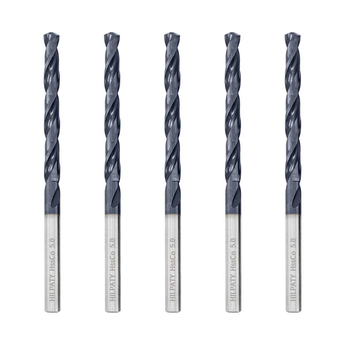 Hilpaty Cobalt Drill Bits 5.0mm x 5pcs M35 HSS Drill Bit for Metal, AlTiN Coating, Standard DIN 338 (5.0mm x 86mm x 5pcs)