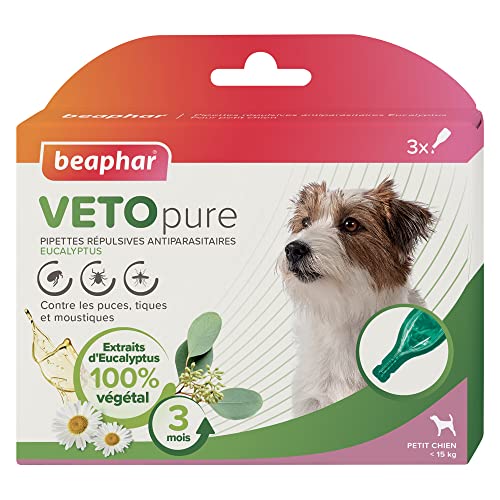 BEAPHAR – VETOPURE – Pipettes répulsives antiparasitaires pour petit chien (<15 kg) – Aux extraits d'Eucalyptus et de Pyrèthre – Contre les puces, tiques et moustiques – Protection 3 mois – 3 pipettes