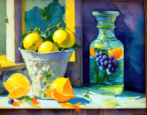 Posters sur Toile 58 x 90 cm Nature Morte Citron Oranges Raisins Décoration