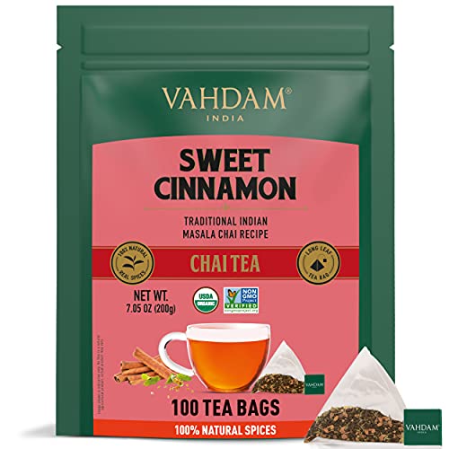 VAHDAM, Sweet Cinnamon Tea | 100 Tea Bags | 100% Natural Spices | Ancient Cinnamon Masala Chai Tea Recipe | Spiced Chai Tea Bag | Brew as Hot Tea or Iced Tea | Chai Tea Bag