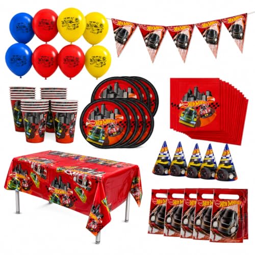 BeenSmile Decoracion Cumpleaños Infantil Hot Wheels, Pack Fiesta Infantil 62 Piezas con Platos, Vasos, Servilletas, Globos, Mantel, Bolsas de Regalo, Gorros y Banderines