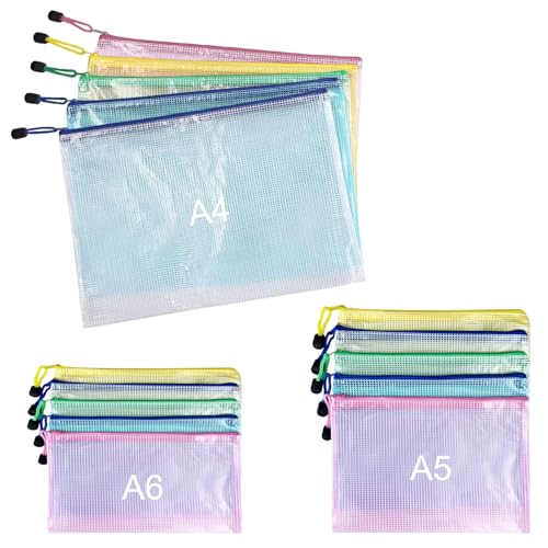 Nutabevr 15 Pezzi 5 Colori Impermeabile Buste Plastica Zip(A4+A5+A6), Trasparenti Borse di File Mesh, per Uffici Forniture, Materiale Scolastico, Forniture Accessori da Viaggio, Ricevute, Cosmetici