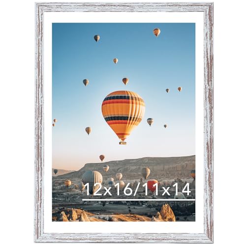 Image of JCJMY 12x16 Picture Frame Rustic White with 11x14 Mat, Display Photo 11x14 with Mat or 12 x 16 Without Mat, Wall Hanging Large Frame with Plexiglass, Rustic White