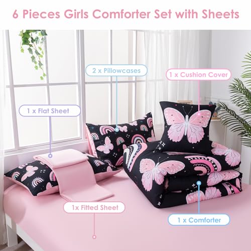 Image of Full Size Comforter Set for Girls - 6 Pieces Black Pink Butterfly Kids Bedding Set with Sheets - Colorful Rainbow Printed Teen Girl Bed in A Bag (Rainbow Butterfly, Full)
