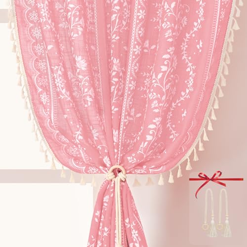Image of Yinhua Boho Curtains for Living Room 63 Inch Length Vintage Linen Pink Curtains for Bedroom Light Filtering Floral Window Curtain Rod Pocket & Back Tabs Farmhouse Rustic Tassel Drapes with Tiebacks
