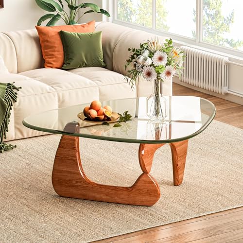 Table basse triangulaire verre trempé noyer Wumagin
