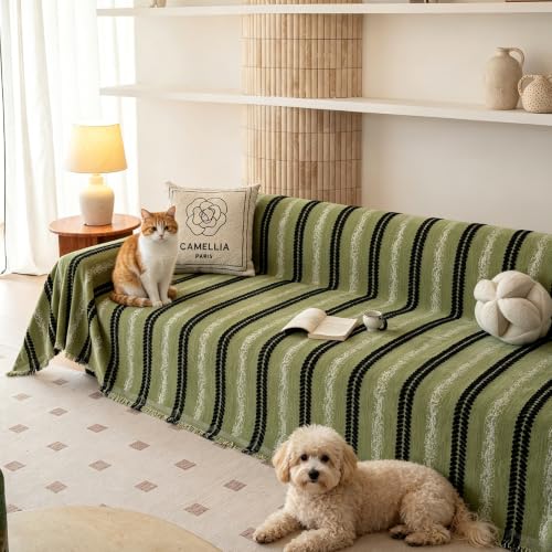 STACYPIK Green Stripes Green Sofa Cover for Dogs, Washable Boho Couch Cover