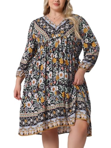 Image of Agnes Orinda Plus Size Summer Dress for Women Casual Boho Floral V Neck 3 /4 Sleeve Midi Short Beach Dress