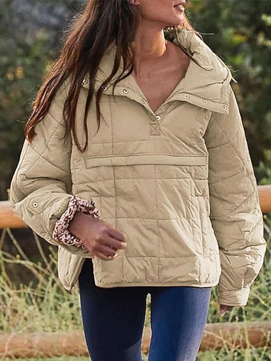 Women's Quilted Pullover Puffer Jacket Lightweight Long Sleeve Padded Hooded Oversize Warm Winter Coat Tops2