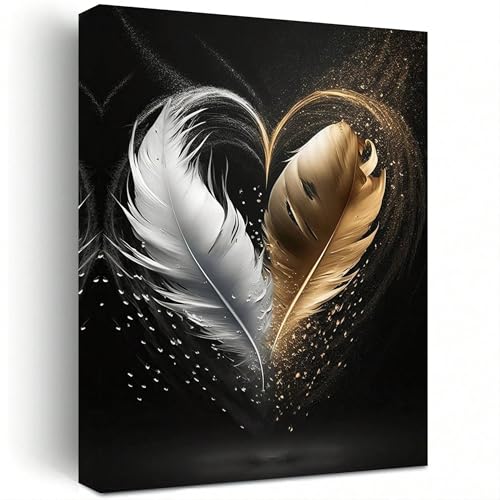 Peinture sur toile haut de gamme 40 x 70 cm plumes dorées encadrée LIFKNVN