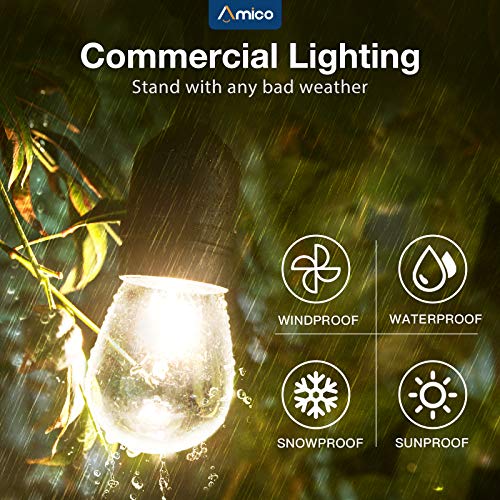 Amico 49FT Outdoor String Lights Commercial Grade Weatherproof Dimmable Patio Light String - 11W Incandescent Edison Bulb - UL Listed Heavy-Duty Decorative Yard Bistro Market Café Lights