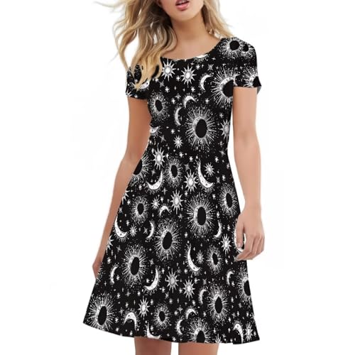 Image of HUGS IDEA Womens Puffy Swing Midi Dress Round Neck Short Sleeve Party A-Line Dresses