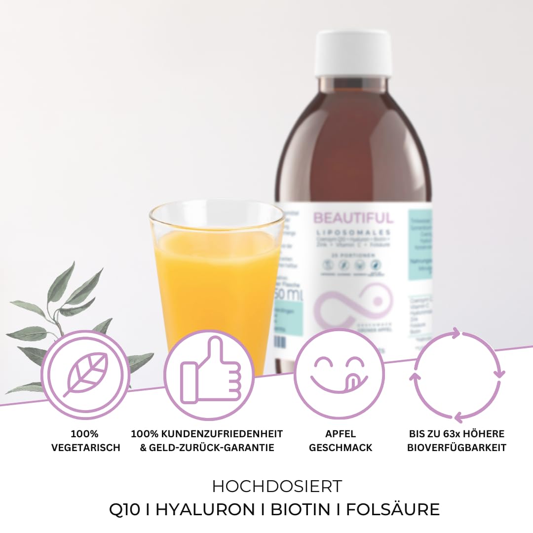 Mighty Elements Liposomales Beautiful 6in1, Vitamin C 100mg, Apfel, 250ml | Zink 15mg, Hyaluron 100mg, CoQ10 100mg, Biotin, Folat, 25 Portionen, vegan, hochdosiert