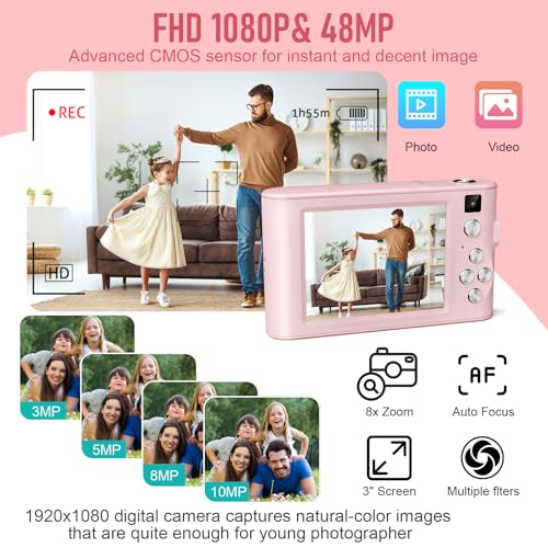 Upgrade Kids Selfie Camera, Christmas Birthday Gifts for Girls Age 3-12, HD Digital Video Cameras for Toddler, Portable Toy for 3 4 5 6 7 8 Year Old Girl with 32GB SD Card-Pink