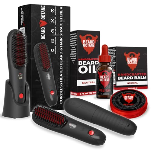 Beard Octane: Cordless Beard Straightener Kit w/Unscented Natural Beard Balm & Beard Oil - Style Condition - Ceramic Heated Brush - Gift for Guys