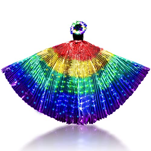 LED Belly Dance Wing Light up Feather Headband Glow Butterfly Wing Cape with Telescopic Stick Rainbow Costume (,)