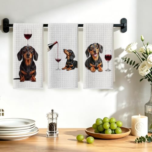 Image of 3 Pcs Wine Dachshund Kitchen Towels, Dachshund Gifts Reusable Dish Towels | Waffle Weave Absorbent Hand Towel for Kitchen Bathroom Decor, Cute Wine Weiner Dog Gifts for Women Mom Friend 24x14 Inch