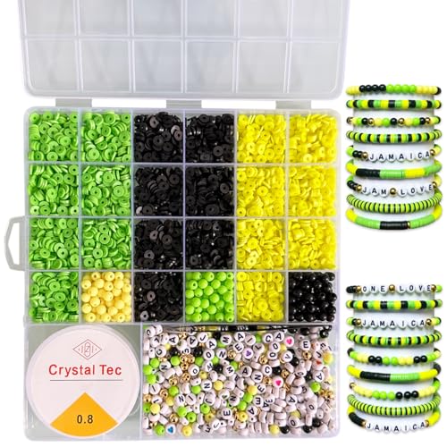 Jamaica Rasta Clay Beads Bracelets Making Kit - Jamaican Reggae Party Supplies - Jamaica Independence Day DIY Art Craft Jewelry Making Set with Assorted Beads - 1 Box, Yellow, Green and Black