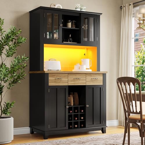 Aparador Negro Y Aparador Cocina 106x40x179.5cm, Armario Despensa Cocina con Estantes Ajustables Y LED, Armarios De Cocina En Diseño Robusto para Muebles Auxiliares Cocina.
