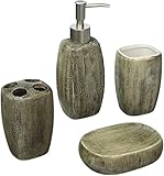 4 Piece Brown Ceramic Bathroom Accessories Set w/ Soap Dispenser, Tumbler, Toothbrush Holder & Soap Dish