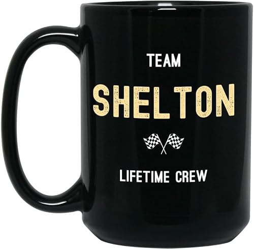 Shelton - Custom Family Name Coffee Mug, Team Shelton Personalized Last Name Black 15oz Ceramic Tea Cup