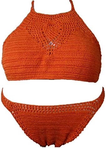 Amazon かぎ編みビキニ 鍵編み水着 フリーサイズ ハイネック ブラジリアン クロシェ編み サマーニット インポート水着 オレンジ ビキニ セパレーツ 通販