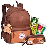 Kit Mochila Escolar de Capivara com Estojo, Marrom, Inclui Lápis de Cor, Chaveiro Pelúcia