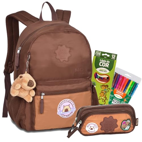 Kit Mochila Escolar de Capivara com Estojo, Marrom, Inclui Lápis de Cor, Chaveiro Pelúcia