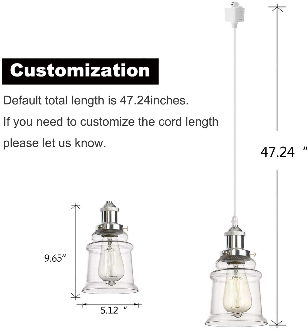 Kiven 3-Lights H-Type Track Lighting Kitchen Pendant Light - Dimmable Track Pendant Lighting Fixtures, Chrome Finish Sockets and Clear Glass Shades (Overall Heigth Approximately 47.24 Inches)