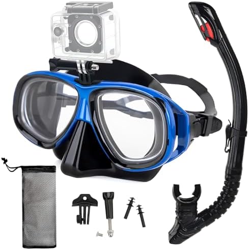 Nearsighted Snorkeling Gear for Adults Youth, Professional Full Dry Top Silicone Snorkel Set, Anti-Fog Scuba Diving Mask with Adjustable Strap (Blue, -3.5)