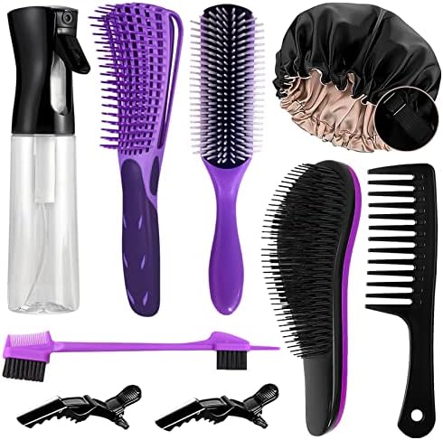 10PCS Detangling Brush Set, Detangling Brush and Comb for Black Natural Hair, Curly Hair Brush Set with Spray Bottle & Sleep Bonnet, Easier and Faster Detangling on Wash Days