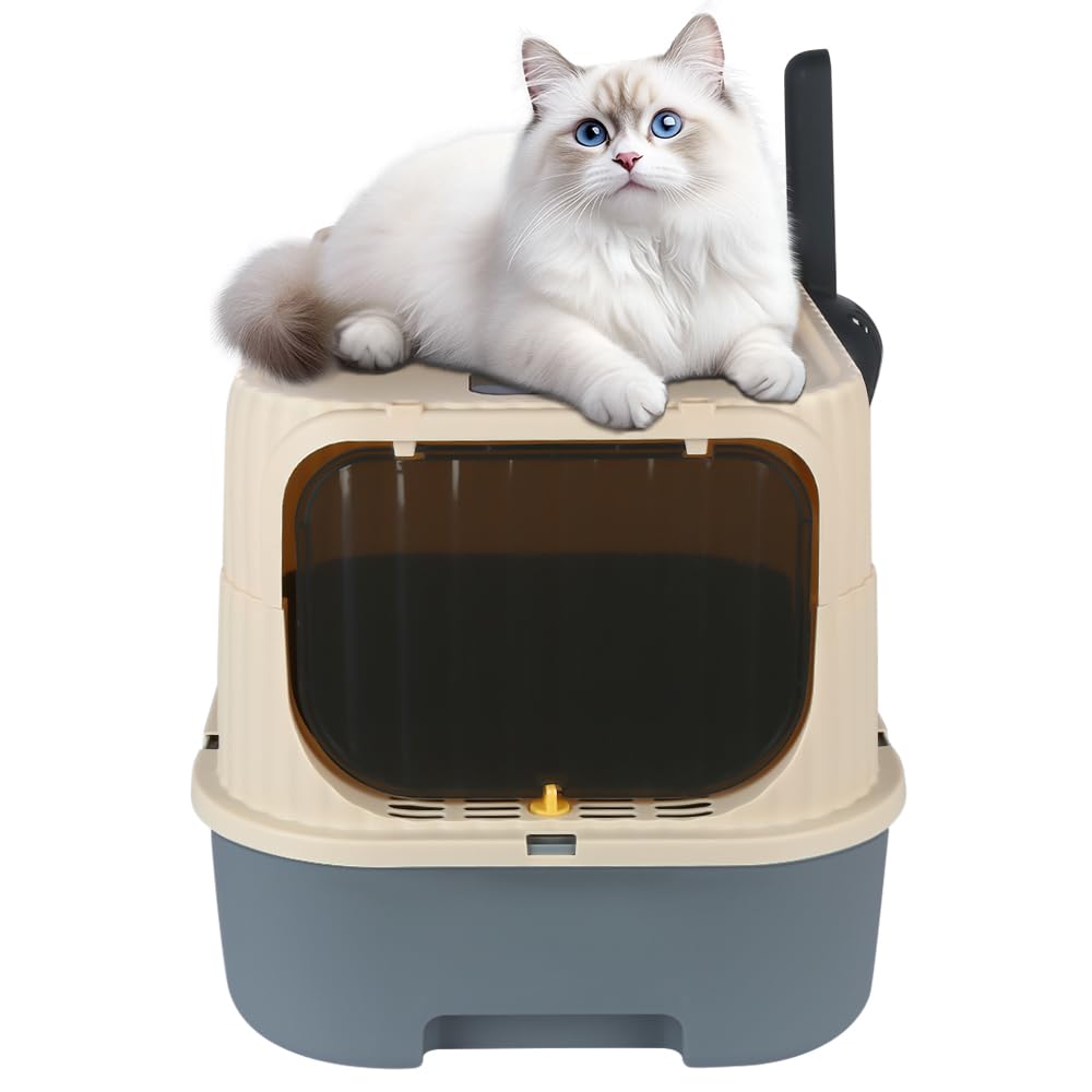 Bac à Litière pour Chat, Fermé, Maison de Toilette, Plateau Amovible, Pelle, pour Grand Chat, Capacité de Charge 15 kg, Anti-Traces, Anti-fuites, 37 x 49 x 37 cm (Gris)