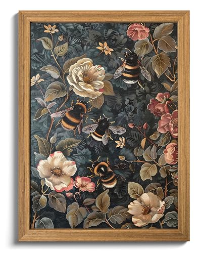 AKWISH Framed 3D Textured Vintage Wall Art - Dark Academia Bumble Bee Hand Drawn Sandstone Paintings with Botanical Florals